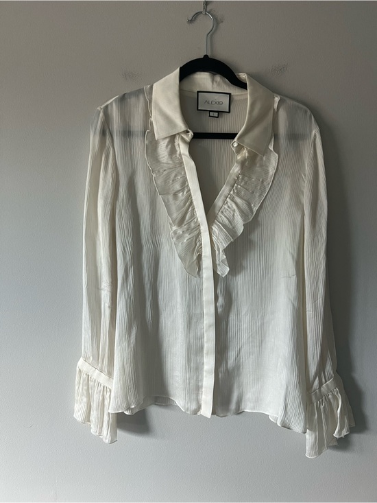Alexis Tops - Alexis 100% Silk Ivory Ruffle Blouse Bell Sleeve Button Front Top L